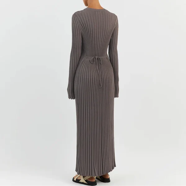 Vintage Ribbed Knit Tie Waist Maxi Dress For Elegant Women - Image 8