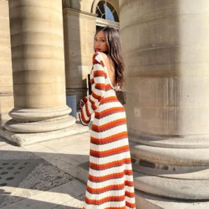 Elegant Striped Knit Maxi Dress For Women Summer Party Holiday