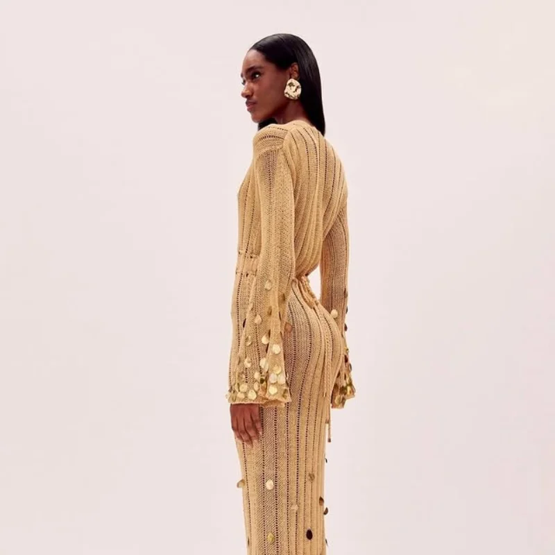 Shiny Sequin Knitted Maxi Dress Deep V Lace Up High Waist Party Wear - Image 5