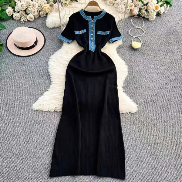 Women's Patchwork Denim Knitted Maxi Dress Casual French Style - Image 2