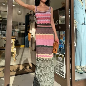 Patchwork Contrast Knitted Backless Sleeveless Bohemian Summer Beach Dress