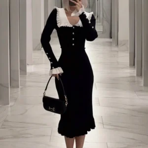 Tossy Ruffled Patchwork Knit Maxi Dress Elegant Slim Party Gown