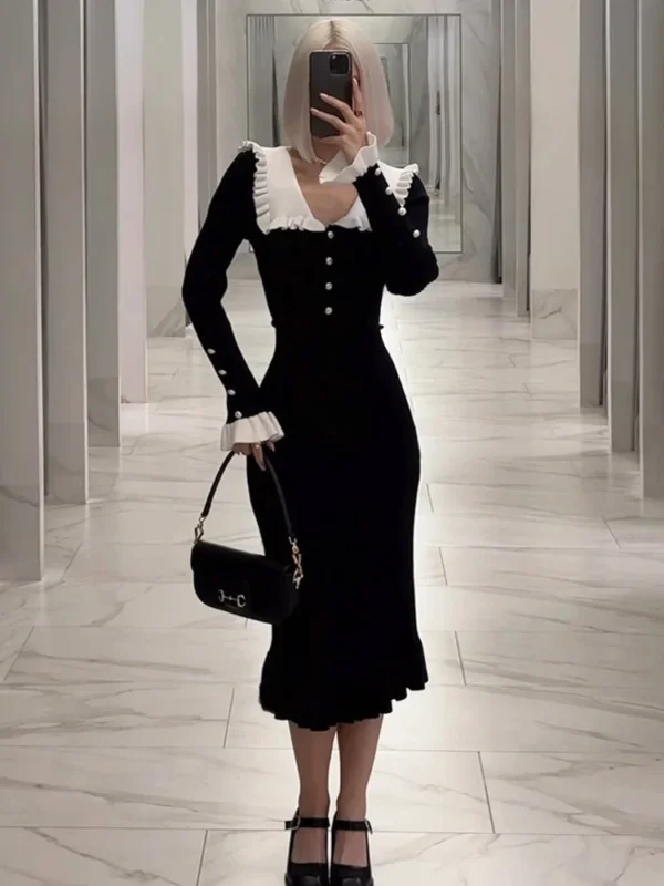 Tossy Ruffled Patchwork Knit Maxi Dress Elegant Slim Party Gown