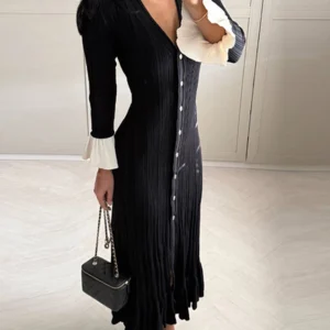 Elegant Knitted V-Neck Patchwork Long Puff Sleeve Dress For Women