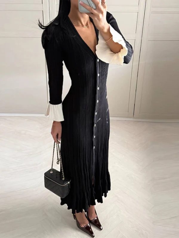 Elegant Knitted V-Neck Patchwork Long Puff Sleeve Dress For Women