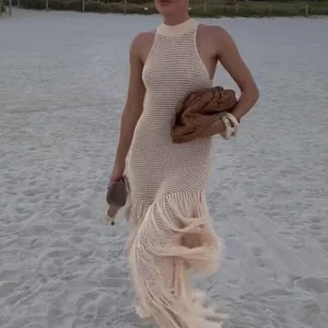 Elegant Knit Tassels Halter Sleeveless Hollow Out Beach Dress Fashion Wear