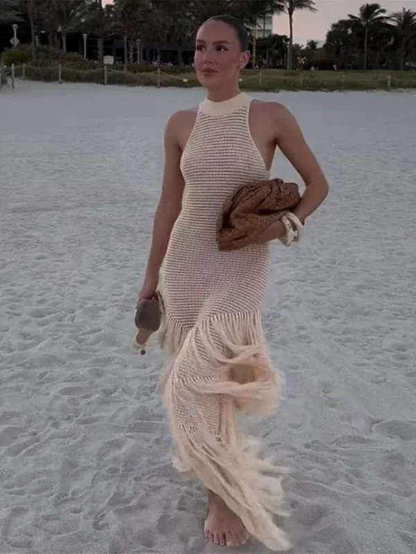 Elegant Knit Tassels Halter Sleeveless Hollow Out Beach Dress Fashion Wear