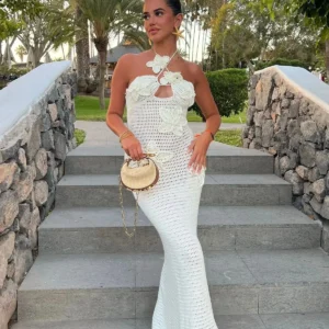 Sexy 3D Flower Knitted Halter Dress For Summer Beach Vacation