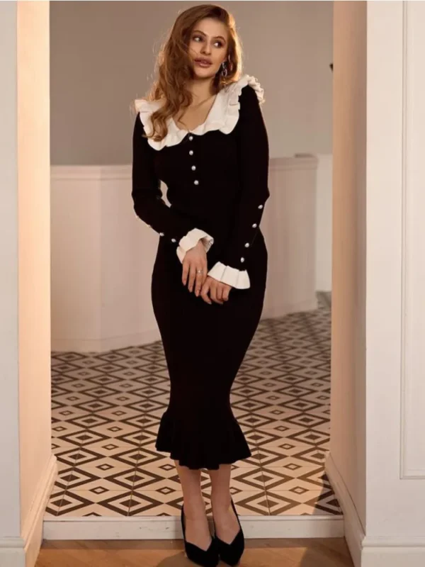 Tossy Ruffled Patchwork Knit Maxi Dress Elegant Slim Party Gown - Image 4