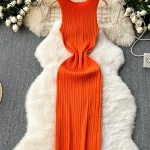 Knit Maxi Dresses Sexy Bodycon Sleeveless O Neck Slim Dress