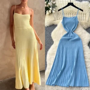 Knit Maxi Dresses Sleeveless Pleated Slim Sling Midi Dress