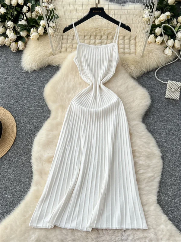 Summer Knit Spaghetti Strap Dress Sleeveless Slim Casual A-Line Outfit - Image 6