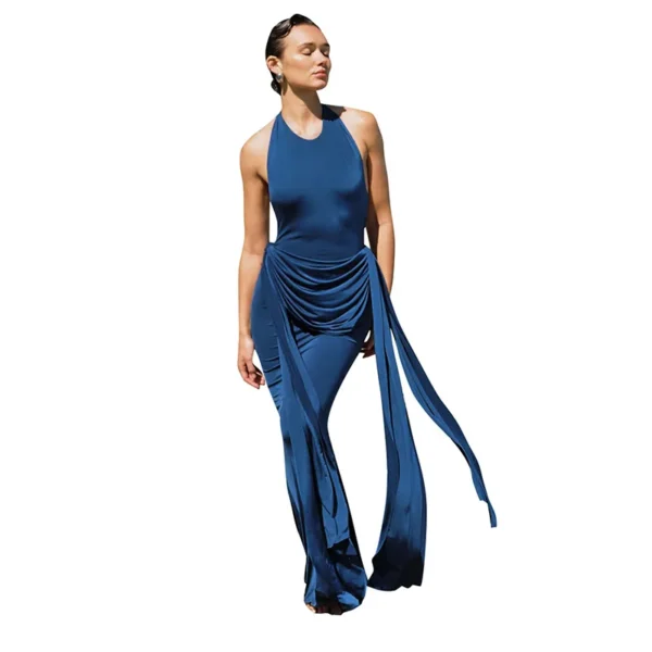 Elegant Blue Halter Backless Maxi Dress For Summer Parties Wear - Image 7