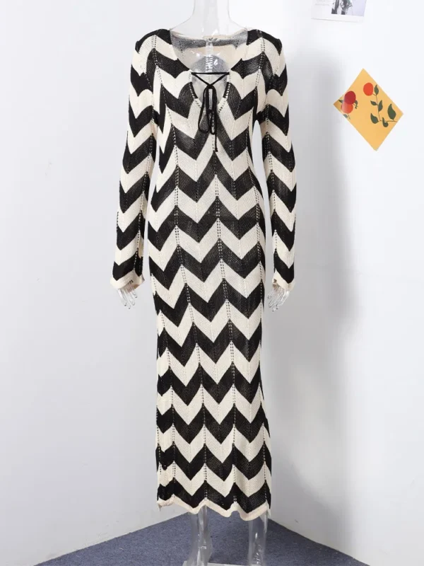 Sexy Knitted Striped Lace-Up Maxi Dress For Summer Beach Holiday - Image 7