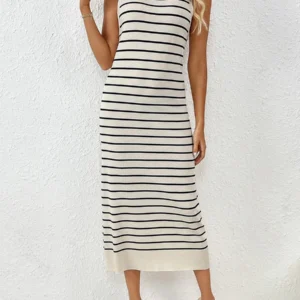 Women s Summer Knit Tank Dress Stripe Print Sleeveless Round Neck Long Dress