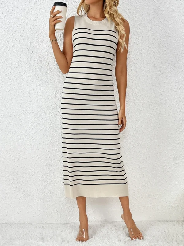 Women s Summer Knit Tank Dress Stripe Print Sleeveless Round Neck Long Dress