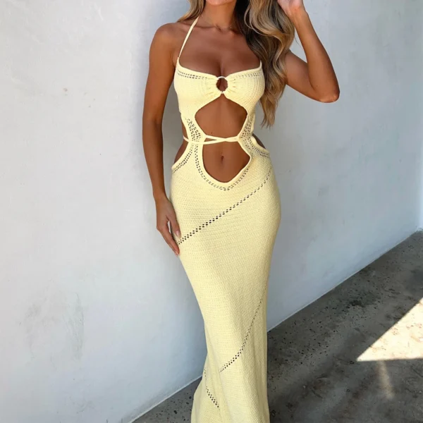 Women's Halter Knit Dress Sleeveless Cutout Slim Beach Outfit - Image 6