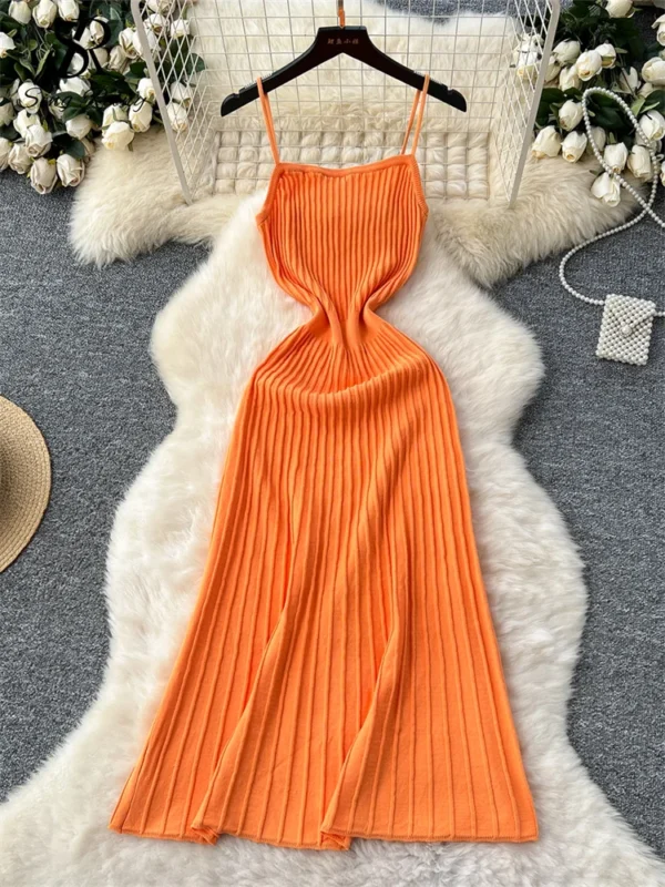 Summer Knit Spaghetti Strap Dress Sleeveless Slim Casual A-Line Outfit - Image 10