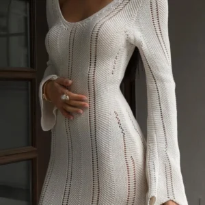 Knit Maxi Dresses V Neck Hollow Out Long Sleeve Slim Elegant Dress