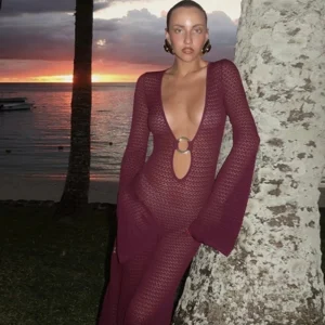 Knit Maxi Dresses Deep V Neck Hollow Out Long Sleeve Split Dress