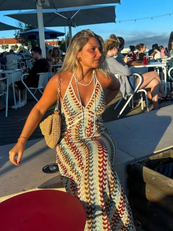 Sexy Colorful Printed Crochet Maxi Dress Sleeveless Vacation Beach Wear - Image 2