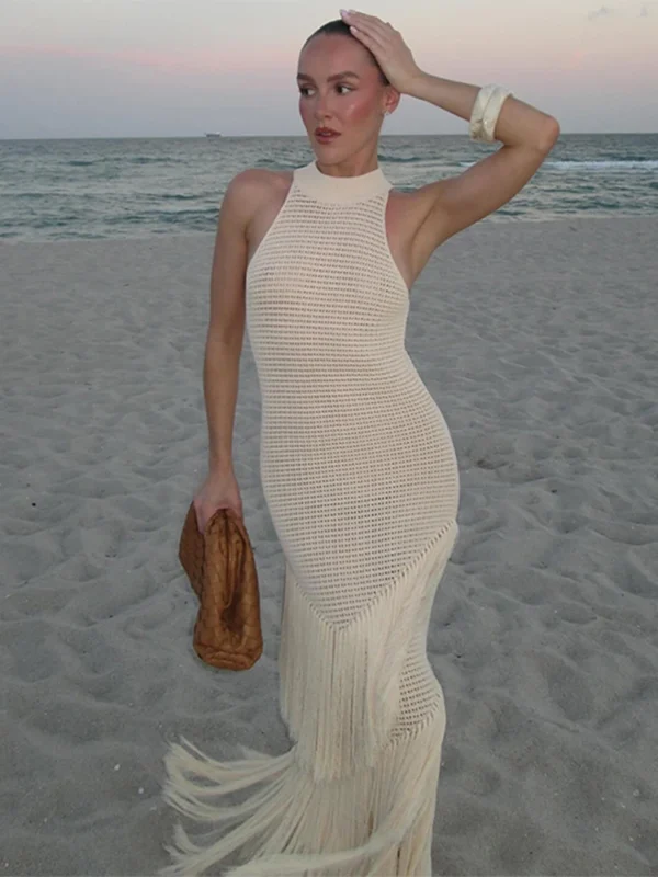 Elegant Knit Tassels Halter Sleeveless Hollow Out Beach Dress Fashion Wear - Image 5