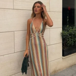Sexy Colorful Printed Crochet Maxi Dress Sleeveless Vacation Beach Wear