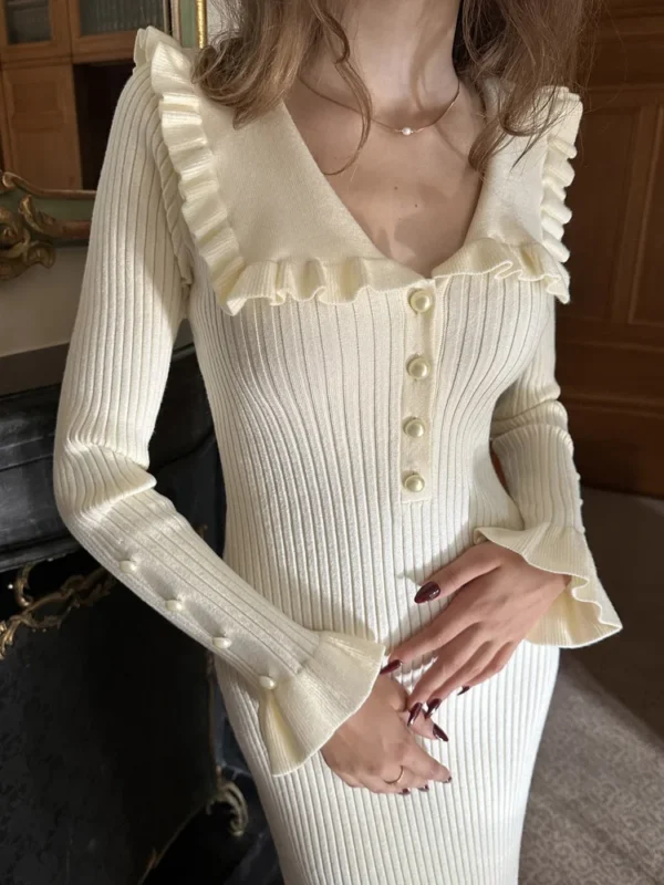 Tossy Ruffled Patchwork Knit Maxi Dress Elegant Slim Party Gown - Image 10