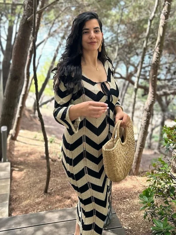 Sexy Knitted Striped Lace-Up Maxi Dress For Summer Beach Holiday - Image 2