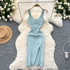 Knit Maxi Dresses Sexy Split Bodycon Streetwear Long Dress Women