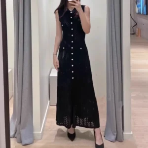 Black Hollow Out Sleeveless Knitted Slim Evening Party Maxi Dress Fashion