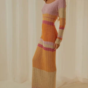 Knit Maxi Dresses Y2K Bodycon Striped Square Neck Long Sleeve Dress