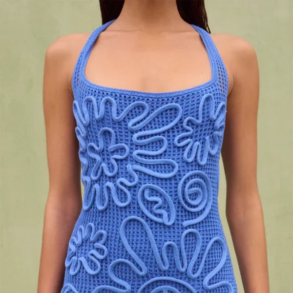 Elegant Knitted Blue Sleeveless Backless Long Dress For Lady Party - Image 6
